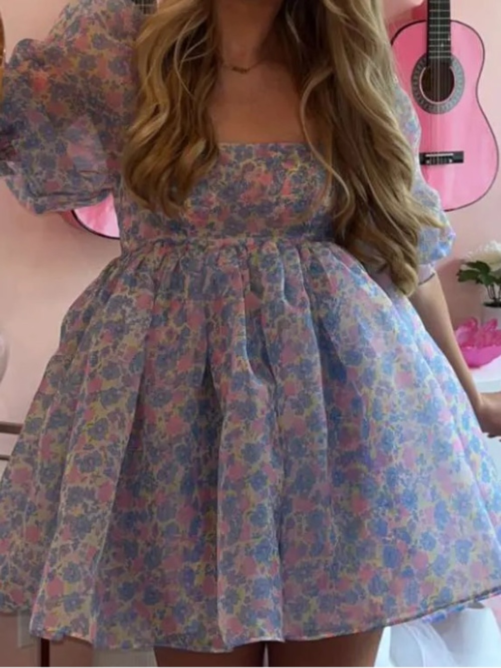 Selkie Lavender and Pink Puff-Sleeve Floral Dress